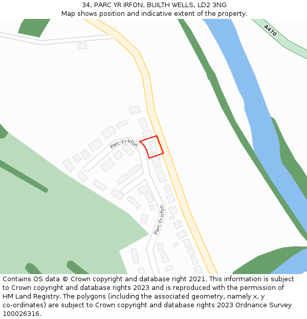 34, PARC YR IRFON, BUILTH WELLS, LD2 3NG: Location map and indicative extent of plot