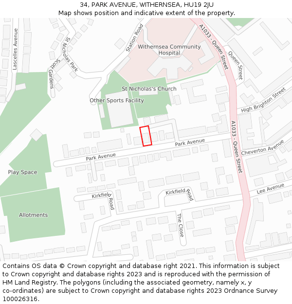 34, PARK AVENUE, WITHERNSEA, HU19 2JU: Location map and indicative extent of plot