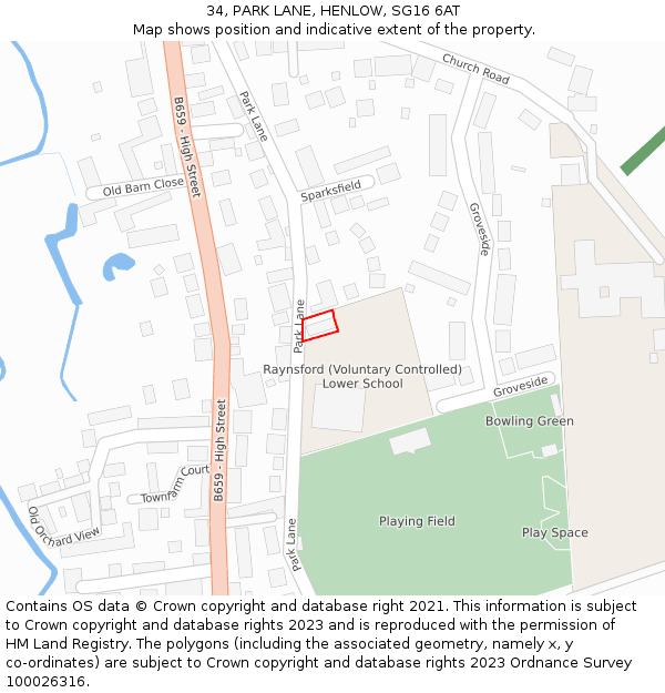 34, PARK LANE, HENLOW, SG16 6AT: Location map and indicative extent of plot