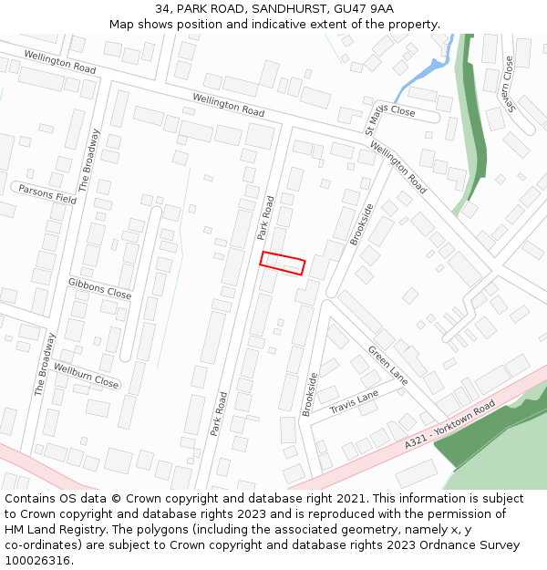 34, PARK ROAD, SANDHURST, GU47 9AA: Location map and indicative extent of plot