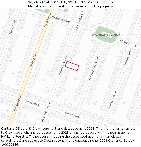 34, PARKANAUR AVENUE, SOUTHEND-ON-SEA, SS1 3HY: Location map and indicative extent of plot