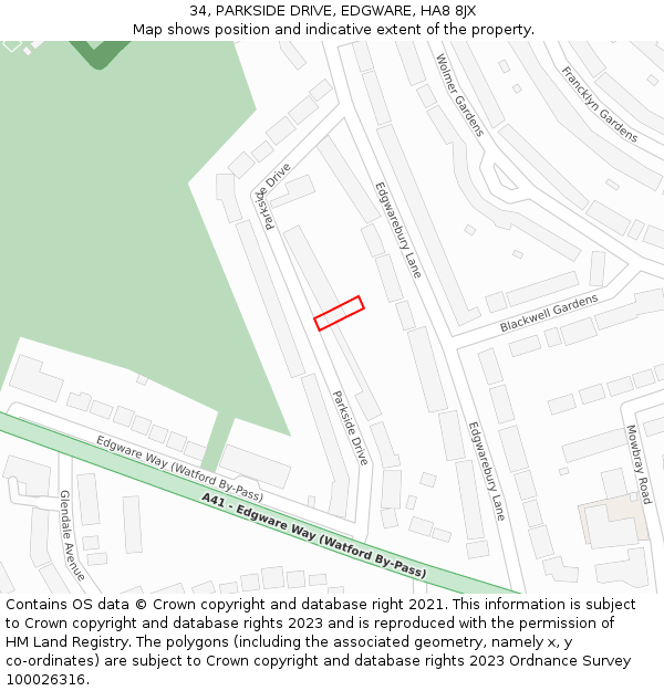 34, PARKSIDE DRIVE, EDGWARE, HA8 8JX: Location map and indicative extent of plot