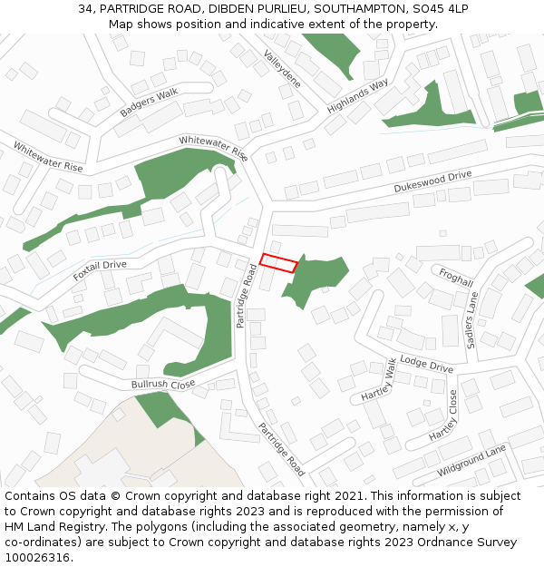 34, PARTRIDGE ROAD, DIBDEN PURLIEU, SOUTHAMPTON, SO45 4LP: Location map and indicative extent of plot
