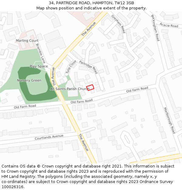 34, PARTRIDGE ROAD, HAMPTON, TW12 3SB: Location map and indicative extent of plot