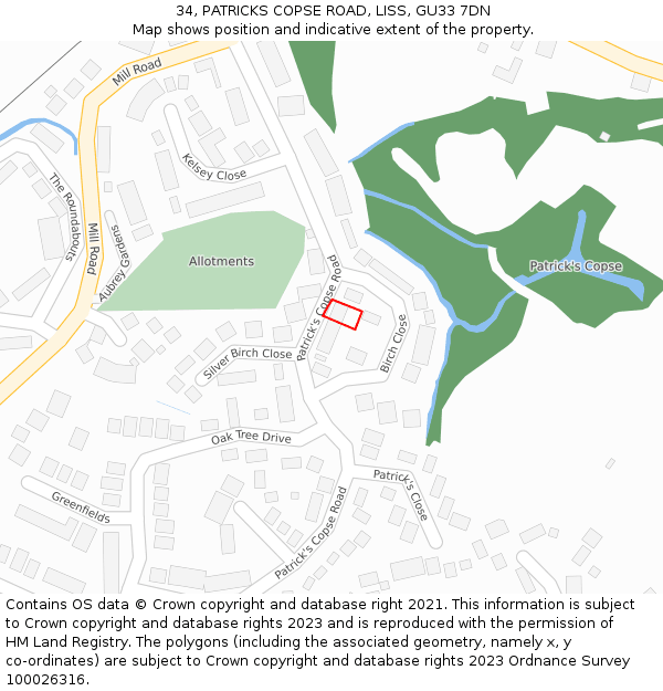 34, PATRICKS COPSE ROAD, LISS, GU33 7DN: Location map and indicative extent of plot