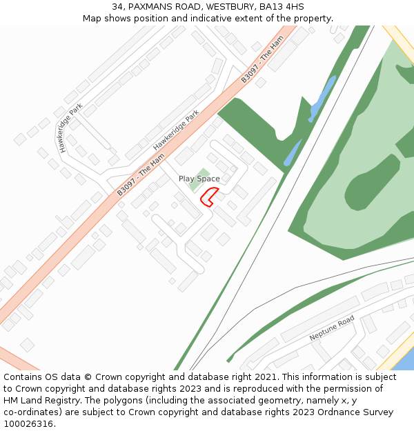 34, PAXMANS ROAD, WESTBURY, BA13 4HS: Location map and indicative extent of plot