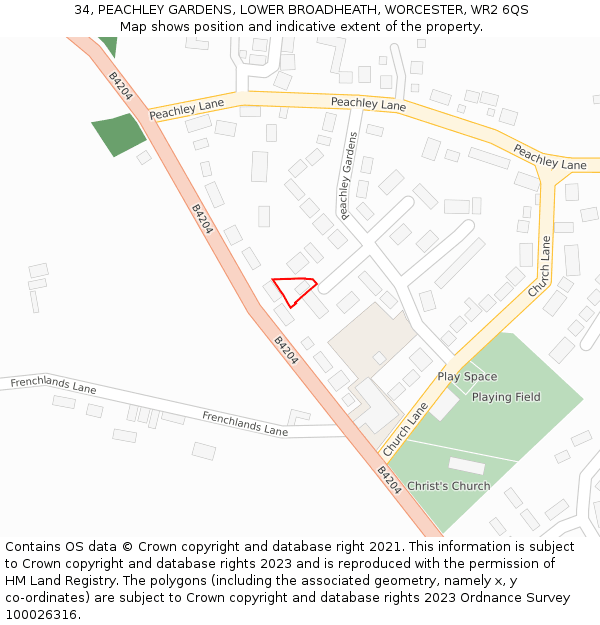 34, PEACHLEY GARDENS, LOWER BROADHEATH, WORCESTER, WR2 6QS: Location map and indicative extent of plot