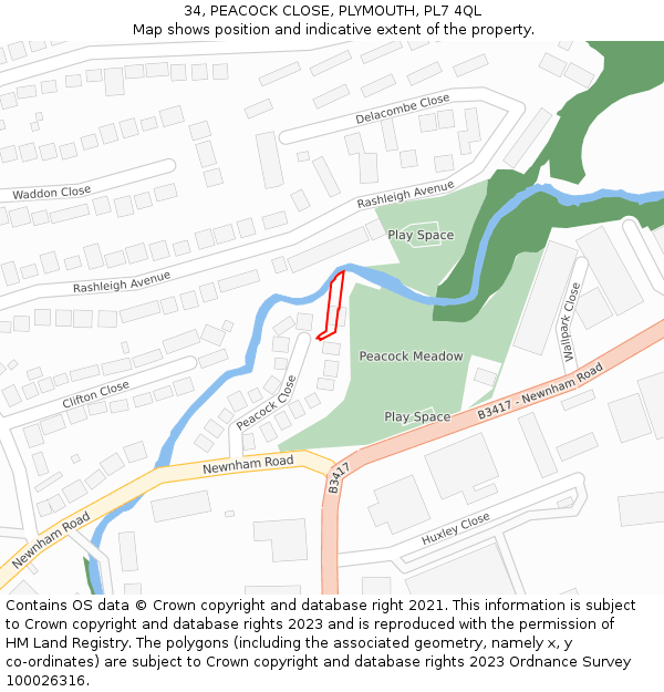 34, PEACOCK CLOSE, PLYMOUTH, PL7 4QL: Location map and indicative extent of plot