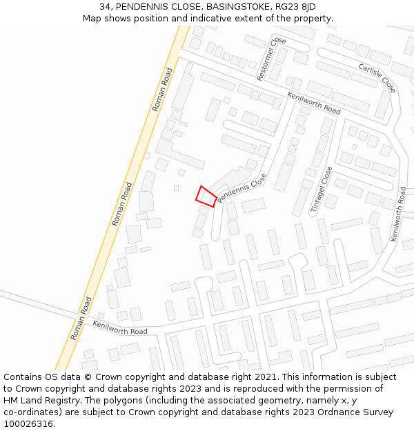 34, PENDENNIS CLOSE, BASINGSTOKE, RG23 8JD: Location map and indicative extent of plot