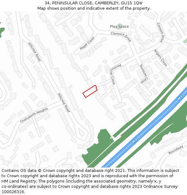 34, PENINSULAR CLOSE, CAMBERLEY, GU15 1QW: Location map and indicative extent of plot