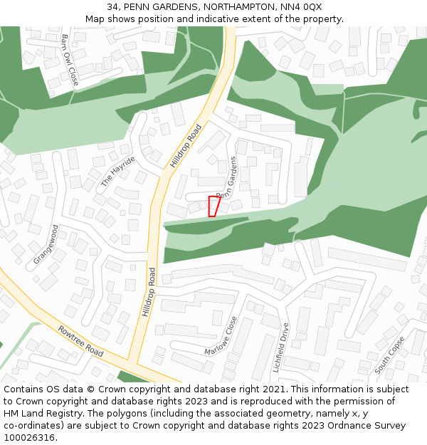 34, PENN GARDENS, NORTHAMPTON, NN4 0QX: Location map and indicative extent of plot