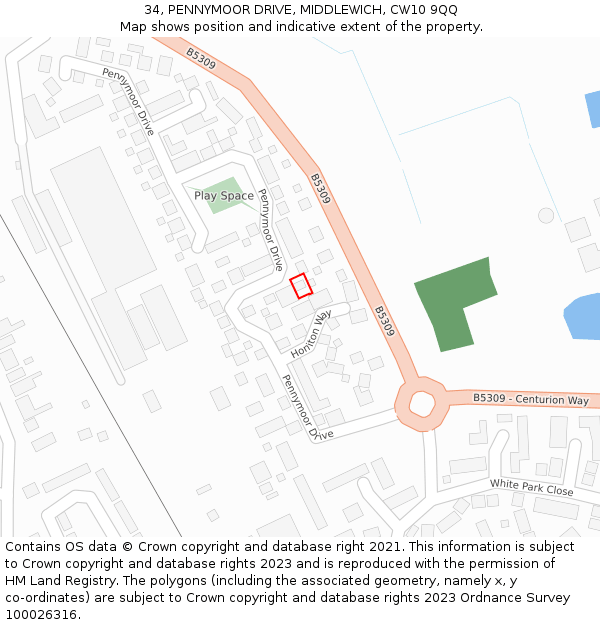 34, PENNYMOOR DRIVE, MIDDLEWICH, CW10 9QQ: Location map and indicative extent of plot