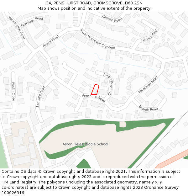 34, PENSHURST ROAD, BROMSGROVE, B60 2SN: Location map and indicative extent of plot