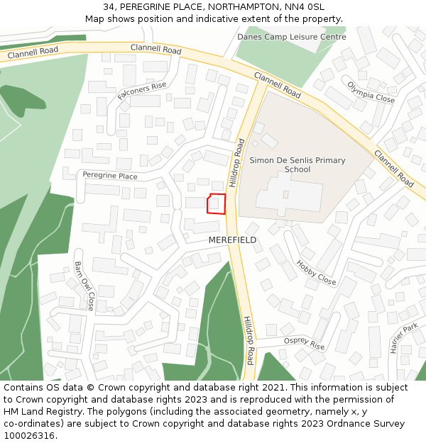 34, PEREGRINE PLACE, NORTHAMPTON, NN4 0SL: Location map and indicative extent of plot