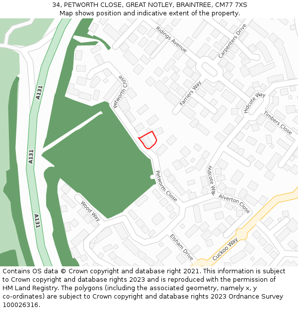 34, PETWORTH CLOSE, GREAT NOTLEY, BRAINTREE, CM77 7XS: Location map and indicative extent of plot