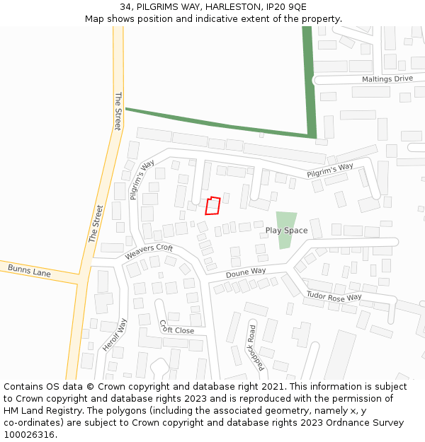 34, PILGRIMS WAY, HARLESTON, IP20 9QE: Location map and indicative extent of plot