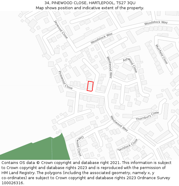 34, PINEWOOD CLOSE, HARTLEPOOL, TS27 3QU: Location map and indicative extent of plot