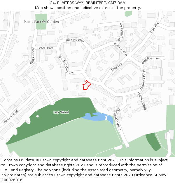 34, PLAITERS WAY, BRAINTREE, CM7 3AA: Location map and indicative extent of plot