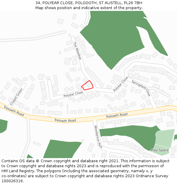 34, POLYEAR CLOSE, POLGOOTH, ST AUSTELL, PL26 7BH: Location map and indicative extent of plot