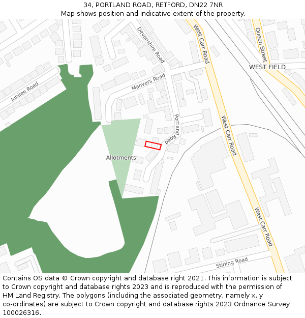 34, PORTLAND ROAD, RETFORD, DN22 7NR: Location map and indicative extent of plot