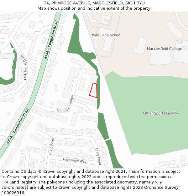 34, PRIMROSE AVENUE, MACCLESFIELD, SK11 7YU: Location map and indicative extent of plot