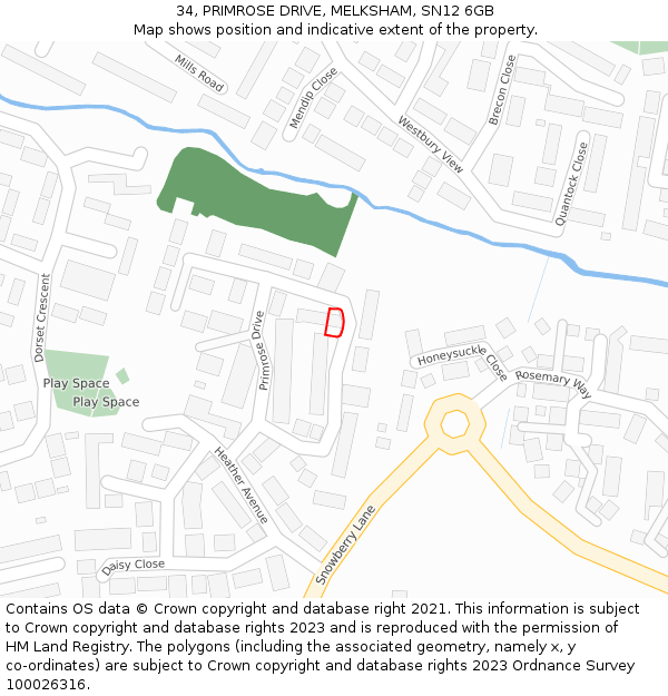 34, PRIMROSE DRIVE, MELKSHAM, SN12 6GB: Location map and indicative extent of plot