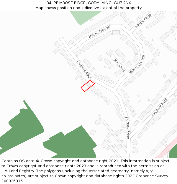 34, PRIMROSE RIDGE, GODALMING, GU7 2NX: Location map and indicative extent of plot