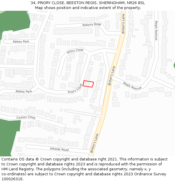 34, PRIORY CLOSE, BEESTON REGIS, SHERINGHAM, NR26 8SL: Location map and indicative extent of plot