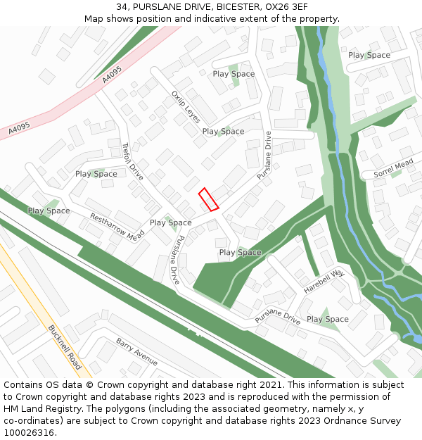 34, PURSLANE DRIVE, BICESTER, OX26 3EF: Location map and indicative extent of plot