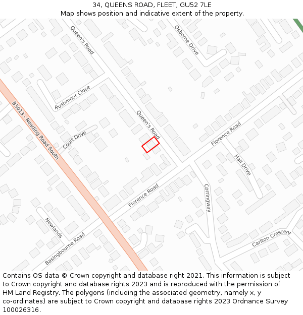 34, QUEENS ROAD, FLEET, GU52 7LE: Location map and indicative extent of plot