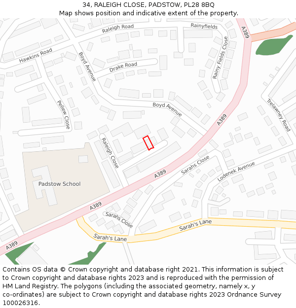 34, RALEIGH CLOSE, PADSTOW, PL28 8BQ: Location map and indicative extent of plot