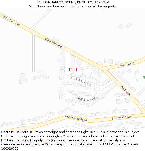 34, RAYNHAM CRESCENT, KEIGHLEY, BD21 2TP: Location map and indicative extent of plot