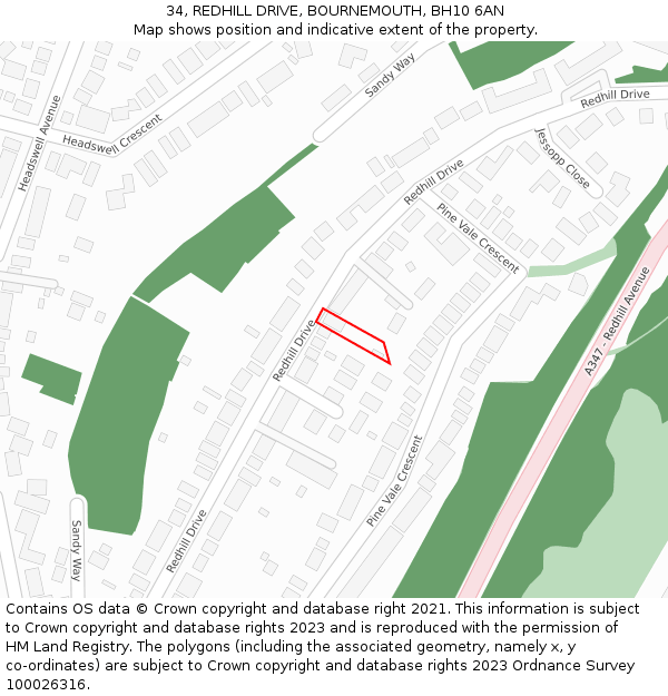34, REDHILL DRIVE, BOURNEMOUTH, BH10 6AN: Location map and indicative extent of plot