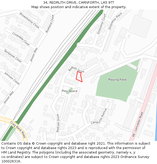34, REDRUTH DRIVE, CARNFORTH, LA5 9TT: Location map and indicative extent of plot