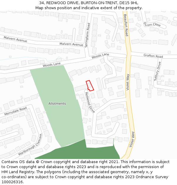 34, REDWOOD DRIVE, BURTON-ON-TRENT, DE15 9HL: Location map and indicative extent of plot