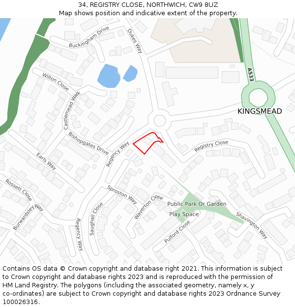 34, REGISTRY CLOSE, NORTHWICH, CW9 8UZ: Location map and indicative extent of plot