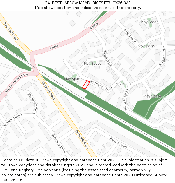 34, RESTHARROW MEAD, BICESTER, OX26 3AF: Location map and indicative extent of plot