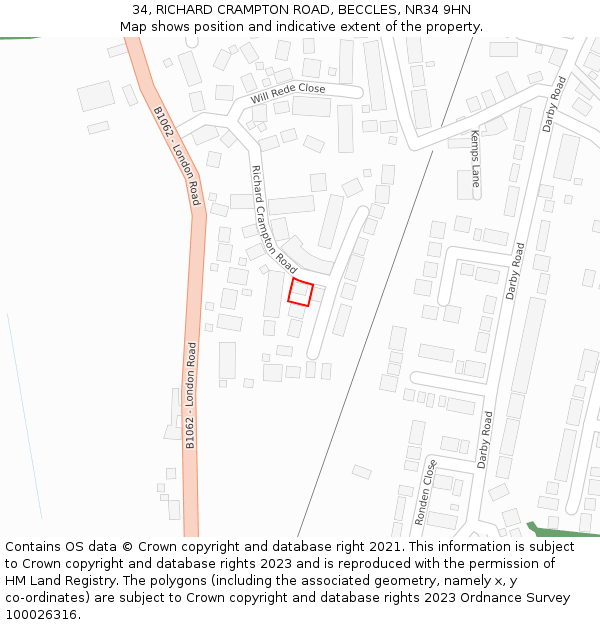 34, RICHARD CRAMPTON ROAD, BECCLES, NR34 9HN: Location map and indicative extent of plot