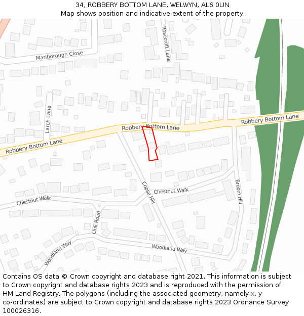 34, ROBBERY BOTTOM LANE, WELWYN, AL6 0UN: Location map and indicative extent of plot