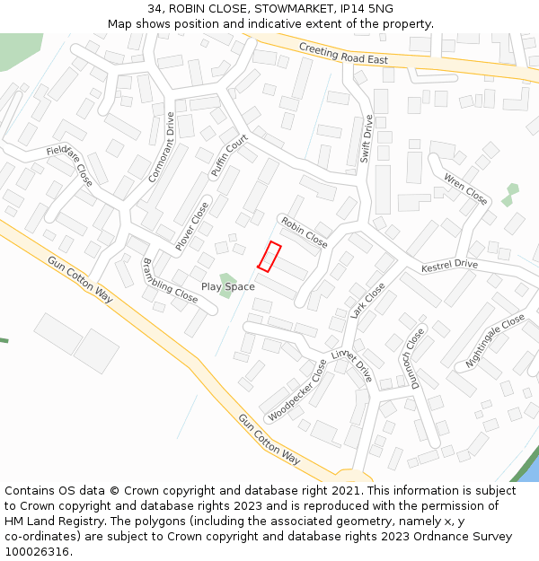 34, ROBIN CLOSE, STOWMARKET, IP14 5NG: Location map and indicative extent of plot