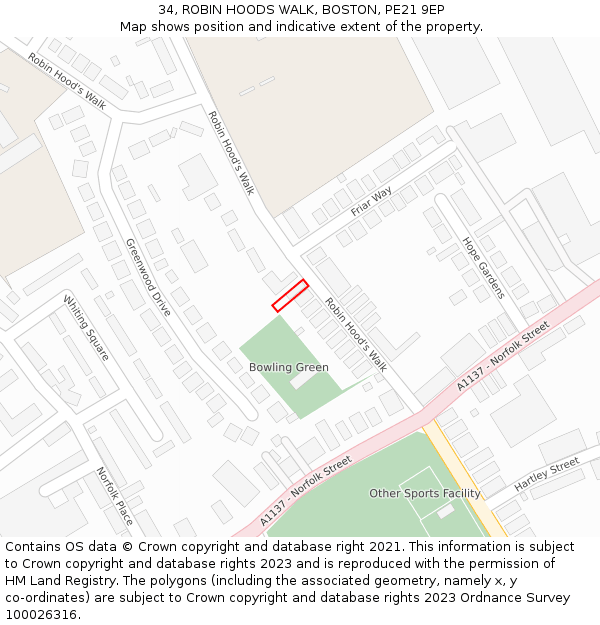 34, ROBIN HOODS WALK, BOSTON, PE21 9EP: Location map and indicative extent of plot