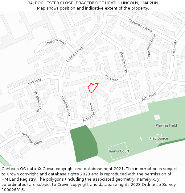 34, ROCHESTER CLOSE, BRACEBRIDGE HEATH, LINCOLN, LN4 2UN: Location map and indicative extent of plot