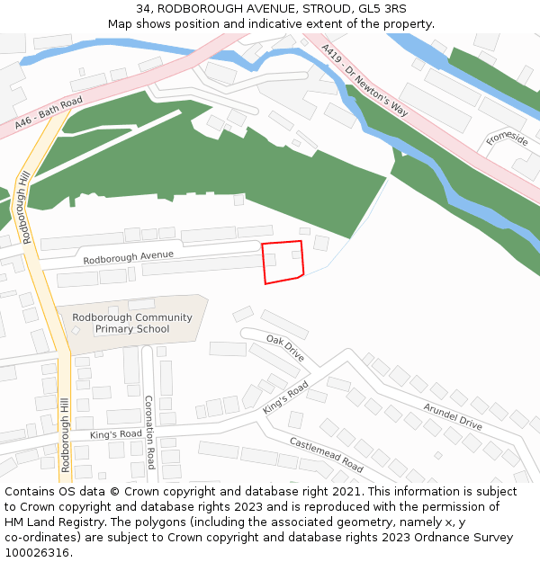 34, RODBOROUGH AVENUE, STROUD, GL5 3RS: Location map and indicative extent of plot