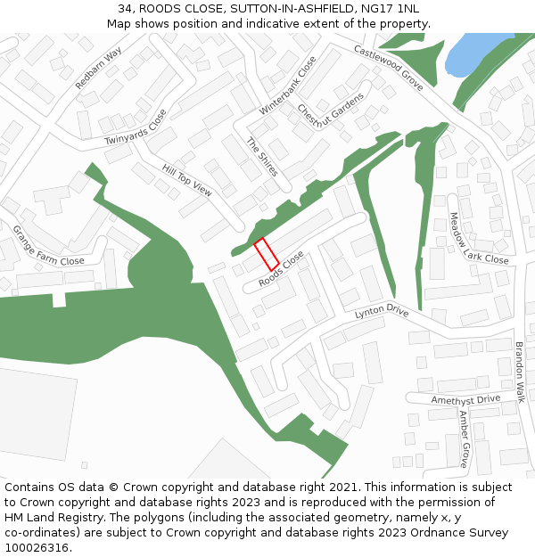 34, ROODS CLOSE, SUTTON-IN-ASHFIELD, NG17 1NL: Location map and indicative extent of plot