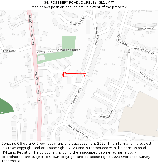 34, ROSEBERY ROAD, DURSLEY, GL11 4PT: Location map and indicative extent of plot