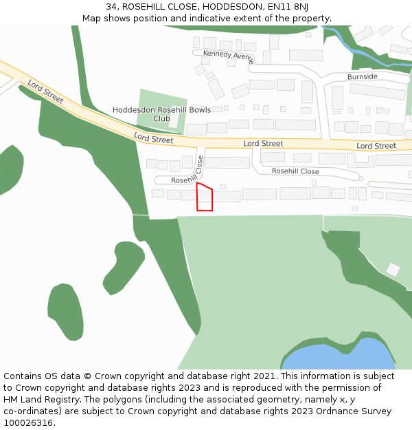 34, ROSEHILL CLOSE, HODDESDON, EN11 8NJ: Location map and indicative extent of plot