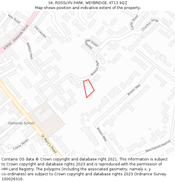 34, ROSSLYN PARK, WEYBRIDGE, KT13 9QZ: Location map and indicative extent of plot