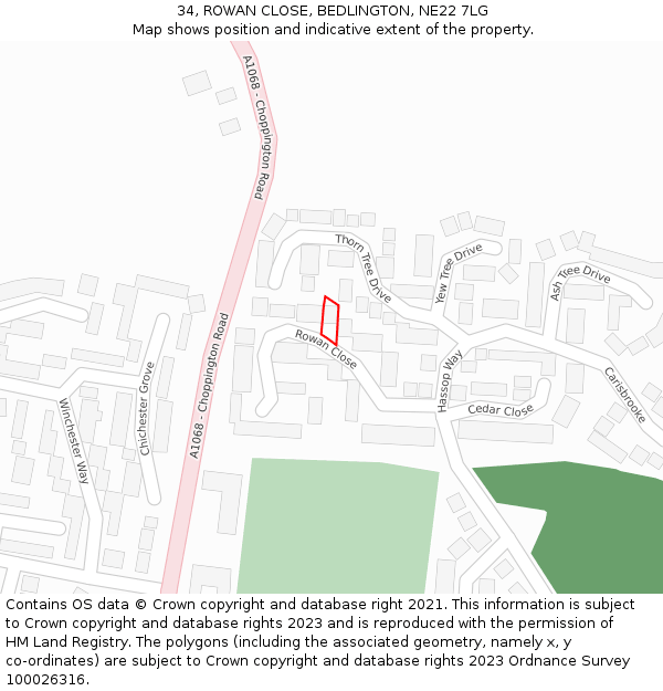 34, ROWAN CLOSE, BEDLINGTON, NE22 7LG: Location map and indicative extent of plot