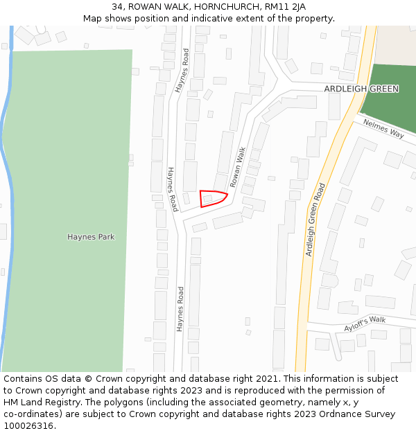 34, ROWAN WALK, HORNCHURCH, RM11 2JA: Location map and indicative extent of plot