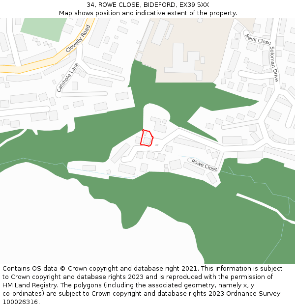 34, ROWE CLOSE, BIDEFORD, EX39 5XX: Location map and indicative extent of plot